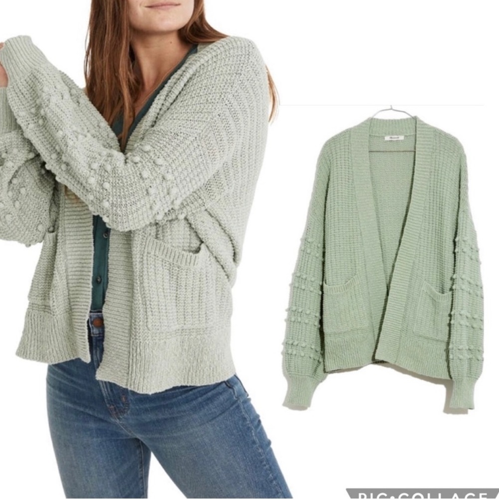 Madewell Bobble Cardigan Sweater Open Front Balloon Sleeves Sage Mist Size Large
